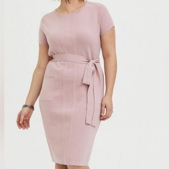 🐢 Torrid Mauve Pink Sweater Knit Self Tie Shift Dress Size 3 - Picture 1 of 17
